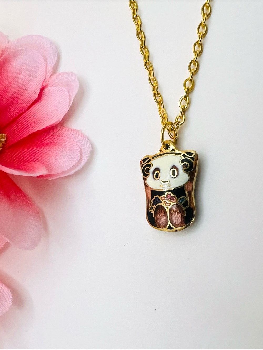 Cloisonne Panda Pendant Necklace gold tone